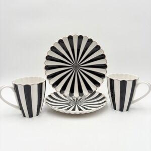 Grace Teaware Striped Tea Set, 4pc Black and White Coffee Mugs Dessert Plates